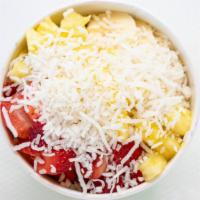 Tropical Bowl · Blend: Acai, strawberry, banana, blueberry, apple juice 
Topping: Granola, strawberry, pinea...