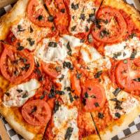 Margherita · Fresh Mozzarella, basil, sliced tomatoes, and olive oil.