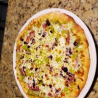 Greek Pesto · Salami, kalamata olives, pepperoncini, Feta, and Mozzarella.