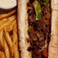 Esposito'S Famous Philly Cheesesteak · Thinly shaved Sirloin, smothered with white American cheese, loaded with mushrooms, bell pep...