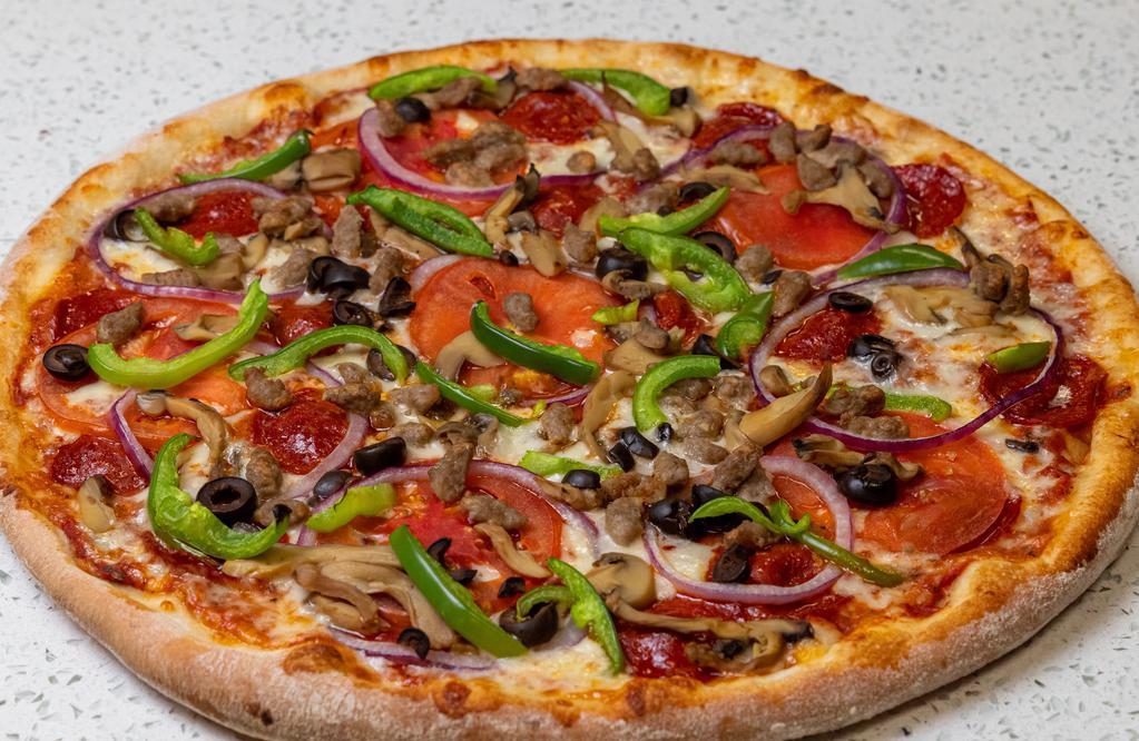 Stump Pizza (18) · Pizza Sauce, Mozzarella Cheese, Pepperoni, Sausage, Mushrooms, Onions, Tomatoes, Bell Pepper, Olives