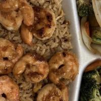 Hibachi Shrimp · Served with steamed rice or fried rice and a side of vegetables.