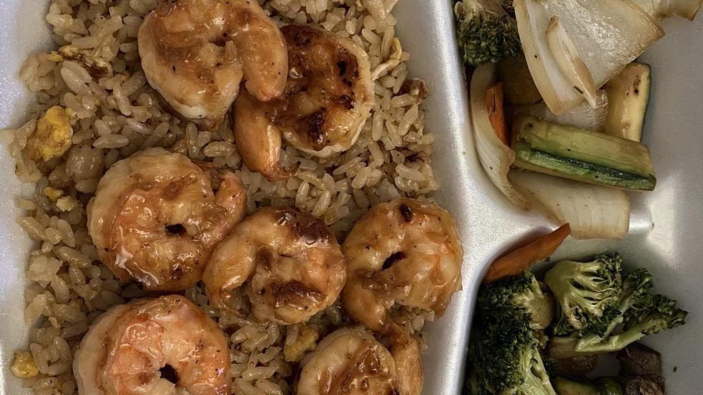 Hibachi Shrimp · Served with steamed rice or fried rice and a side of vegetables.