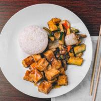 Hibachi Tofu · Served with steamed rice or fried rice and a side of vegetables.