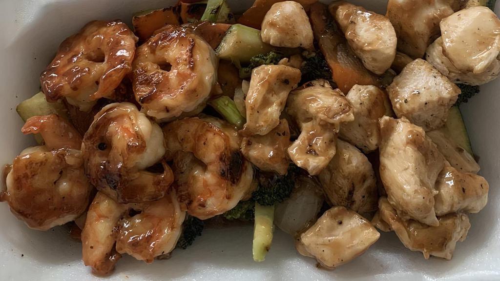 Chicken & Shrimp · Served with steamed rice or fried rice and a side of vegetables.