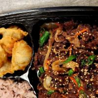 Beef Bulgogi+Pork Potsticker Dinner Box · Beef bbq, 6 pork potstckers, steamed rice