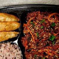 Spicy Pork+Spicy Veggie Potsticker Dinner Box · Spicy pork Bbq, 3 pcs spicy pork pot sticker, steamed rice