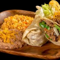 Burrito & Taco Combination · Shredded beef burrito and shredded beef taco with a side of rice and beans.