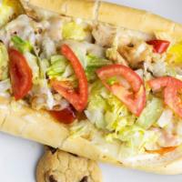 Incredible Chicken Cheesesteak · Grilled chicken tenders, grilled onions, lettuce, tomato, mayo, sweet, or hot peppers, melte...