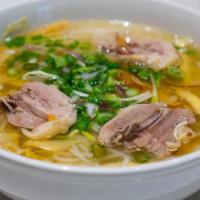 Bún Măng Vịt · Steamed duck noodle soup & vegetables. Soup base: chicken & pork.