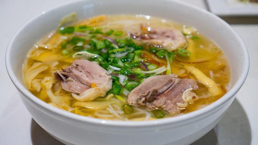 Bún Măng Vịt · Steamed duck noodle soup & vegetables. Soup base: chicken & pork.