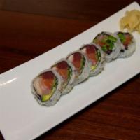 Sushi In Joy Roll · Tuna, yellow tail, salmon, albacore, cooked shrimp, cucumber, avocado, kai ware.