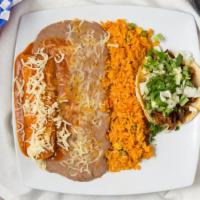 Enchilada And Taco · Served with rice and beans.