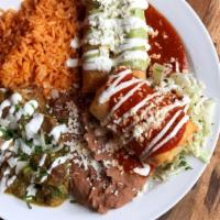 Sonora Dinner Combo (Online) · One chicken flauta, two beef taquitos, chile verde, sour cream, avocado cream, cilantro, oni...