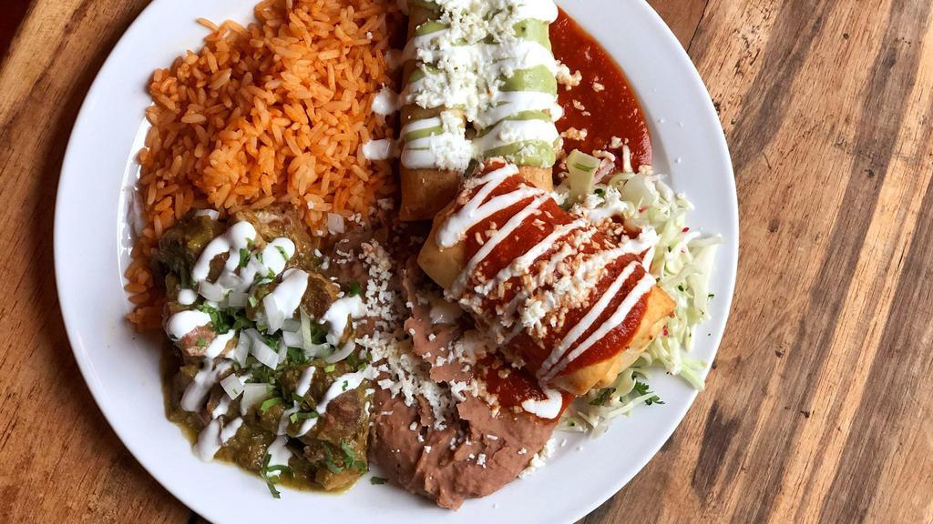 Sonora Dinner Combo (Online) · One chicken flauta, two beef taquitos, chile verde, sour cream, avocado cream, cilantro, onions, red enchilada sauce, red rice and refried beans. Served with your choice of corn or flour tortillas.