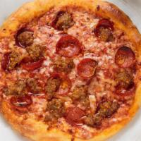 Homemade Italian Style · red sauce & mozzarella mixed together, pepperoni, sausage, parmesan, roasted garlic crust