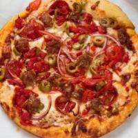 Supreme Pizza · red sauce, pepperoni, mozzarella, red onions, green olives, roasted sweet peppers, hot Itali...