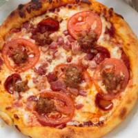Meat Lovers · red sauce, mozzarella, pepperoni, ham, salami, hot Italian sausage, tomato