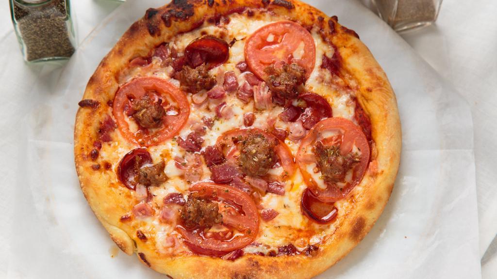 Meat Lovers · red sauce, mozzarella, pepperoni, ham, salami, hot Italian sausage, tomato