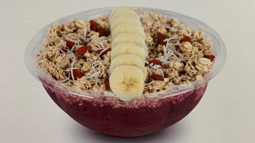 Tropical Sunrise · Acaí, Mango, Pineapple and Strawberry. Topped with Granola, Banana, Goji Berries and Coconut.