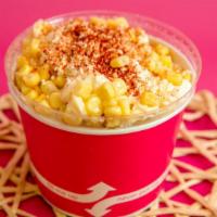 Esquite · Corn in a cup. Mayo or sour cream, lime, cotija cheese, chile polvo / powder chile.