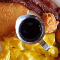 Miner'S Breakfast · two eggs, applewood bacon,. plain pancake, with choice of side