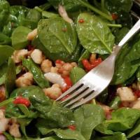 Spinach Salad · Organic baby spinach, red onions, fire roasted red peppers, tomatoes and mozzarella. Fresh, ...