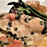 Chicken Piccata Torino · Chicken breast, salted butter, dry white wine, lemon juice, Italian capers, diced tomatoes a...
