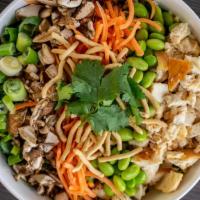 Asian Salad · Romaine, spinach, chicken, edamame, carrots, mushrooms, chow mein noodles, green onions, cil...