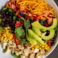 Southwestern Salad Combo · Romaine, chicken, corn, black beans, tomatoes, jalapeños, avocado, cheddar cheese, cilantro ...
