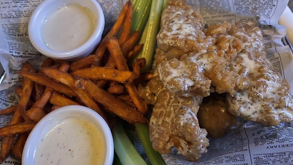 Buffalo Chicken Fingers · Classic style breaded fingers in your choice of sauce (mild, medium, hot, nitro, or garlic Parmesan) with celery sticks, carrot sticks, and fries. blue cheese or ranch dressing.