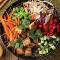 Grilled Chicken Quinoa Bowl · A bed of quinoa topped with cabbage blend, edamame, shredded carrots, red peppers, cucumbers...