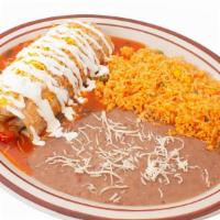 Wet Burrito · Flour tortilla filled with rice, beans, onions, cilantro, and choice of meat topped with sal...