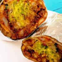 California Burrito · Spicy. Carne asada, fries, guacamole, cheese, sour cream, and pico de gallo wrapped in a flo...