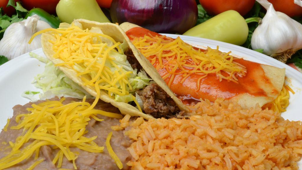 #7. Beef Taco & Enchilada · Shredded Beef Taco with Lettuce and Cheese. Cheese  enchilada, includes Lettuce. All combos include Rice and Beans with Cheese