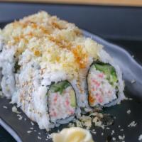Crunch Roll · Crab meat, avocado, cucumber with crunch, topped w/ chipotle mayo and eel sauce.
