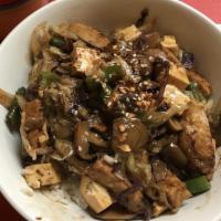 Chicken & Tofu Chili Miso Rice Bowl · Steamed rice topped with chicken, tofu, mixed vegetables, and homemade chili miso sauce.