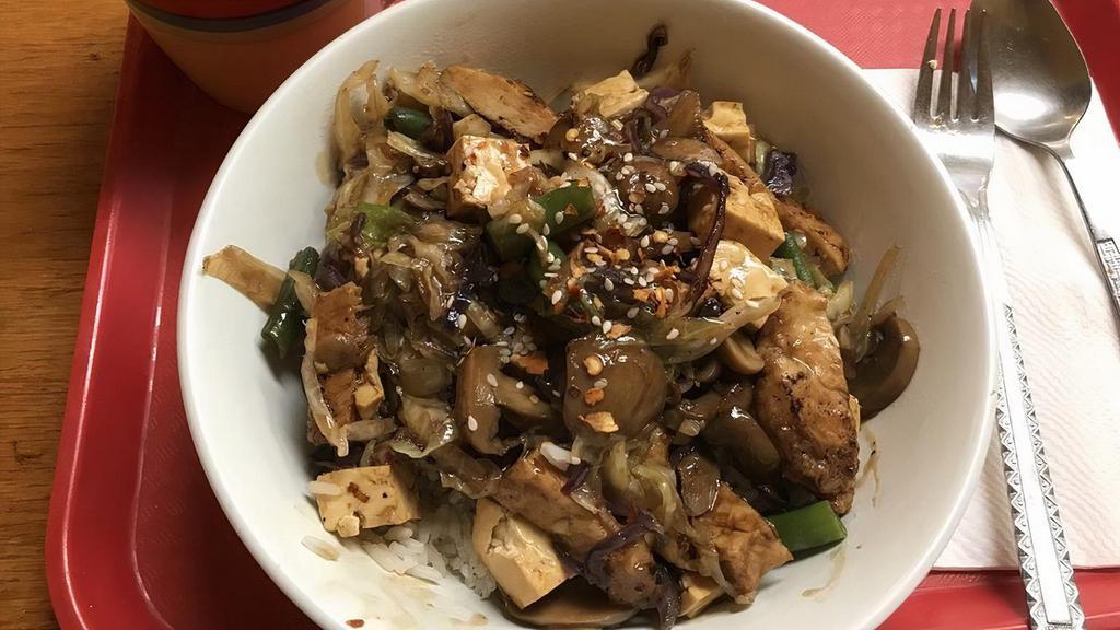 Chicken & Tofu Chili Miso Rice Bowl · Steamed rice topped with chicken, tofu, mixed vegetables, and homemade chili miso sauce.