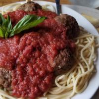 Spaghetti With Marinara · House marinara, over spaghetti with garlic bread / add sausage, meatballs, chicken, or roast...