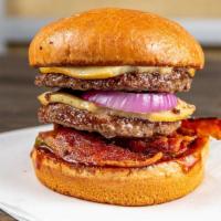 Baja Bacon Burger · fresh angus beef double patty | applewood smoked bacon | smoked gouda cheese | red onion | d...