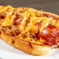 Cali Style Dog · 1/4 lb all beef dog | cheddar | caramelized onions | signature house-made Cali sauce | toast...