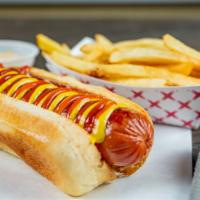 Kids Hot Dog W/Fries · 1/4 lb all beef hot dog | ketchup | mustard | toasted potato bun