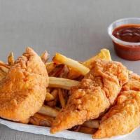Chicken And Fries · Three Golden Fried Chicken Strips served with hand cut fresh French fries, served with One T...