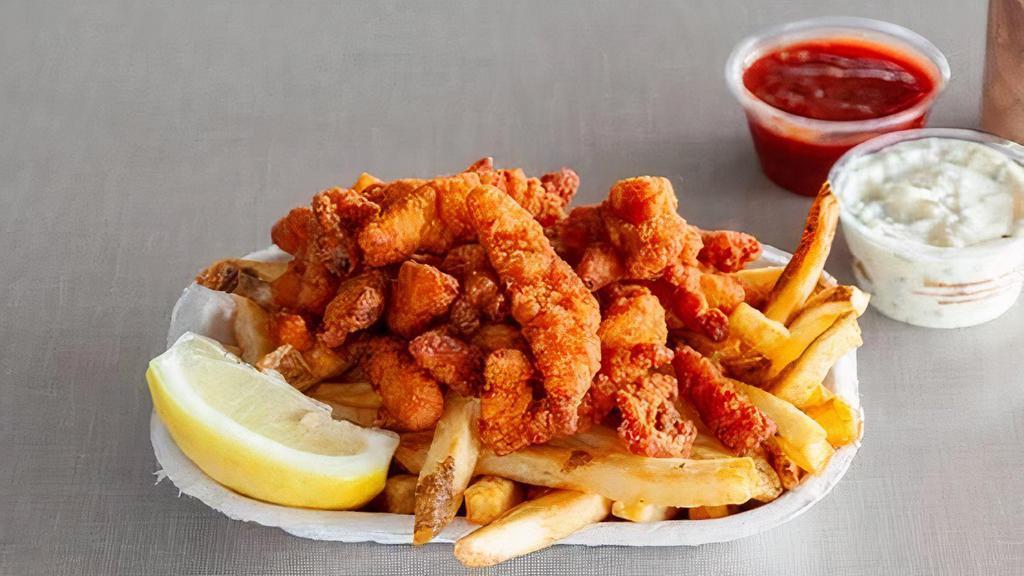 Clams And Fries · Deep Fried Clam Strips served with hand cut fresh French fries, served with One Tartar Sauce