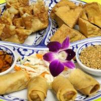 Appetizer Sampler · Deep fried crab wontons, spring rolls, and tofu tod served with plum sauce and sweet and sou...