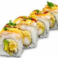 Super Tiger Roll · Shrimp tempura, avocado, and spicy crab salad topped with shrimp.