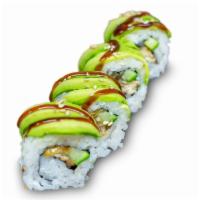 Caterpillar Roll · Eel, cucumber topped with avocado and eel sauce.