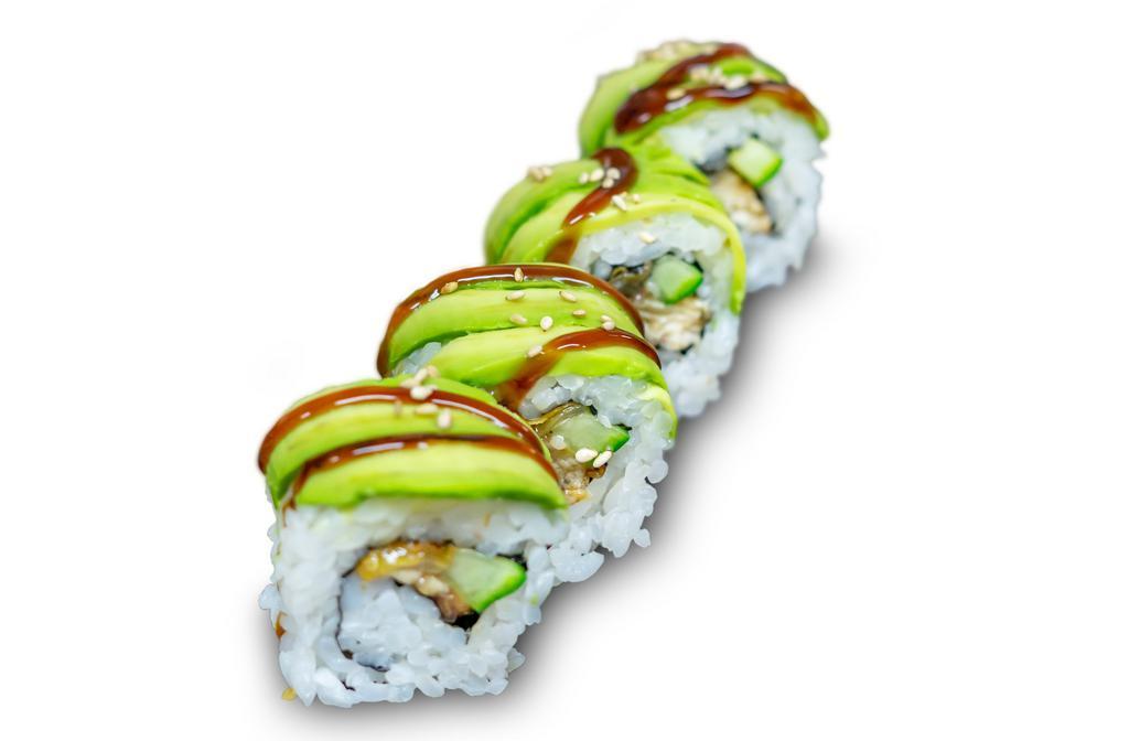 Caterpillar Roll · Eel, cucumber topped with avocado and eel sauce.