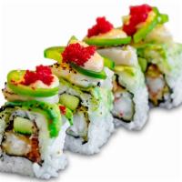 Scallop Roll · Spicy tuna, shrimp tempura, and cucumber topped with seared scallops, avocado, and jalapeño.