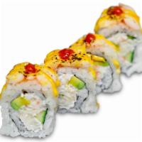 Firecracker Roll · Crab salad, cucumber, and avocado top with spicy seared shrimp.